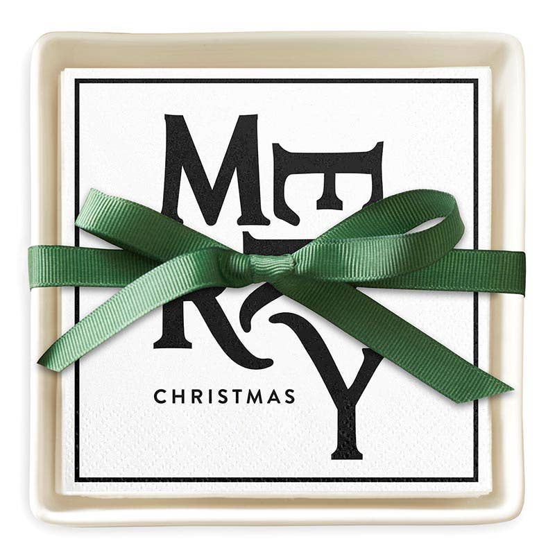 Ceramic Napkin Tray + Napkins - Merry Christmas Green Bow
