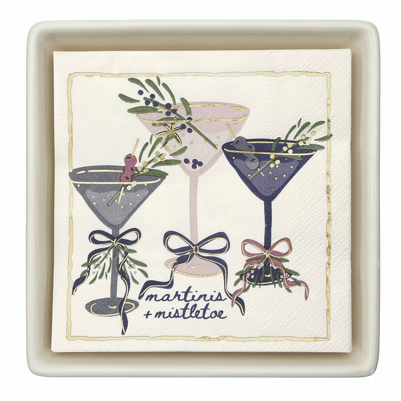 Ceramic Napkin Tray + Napkins - Martinis + Mistletoe