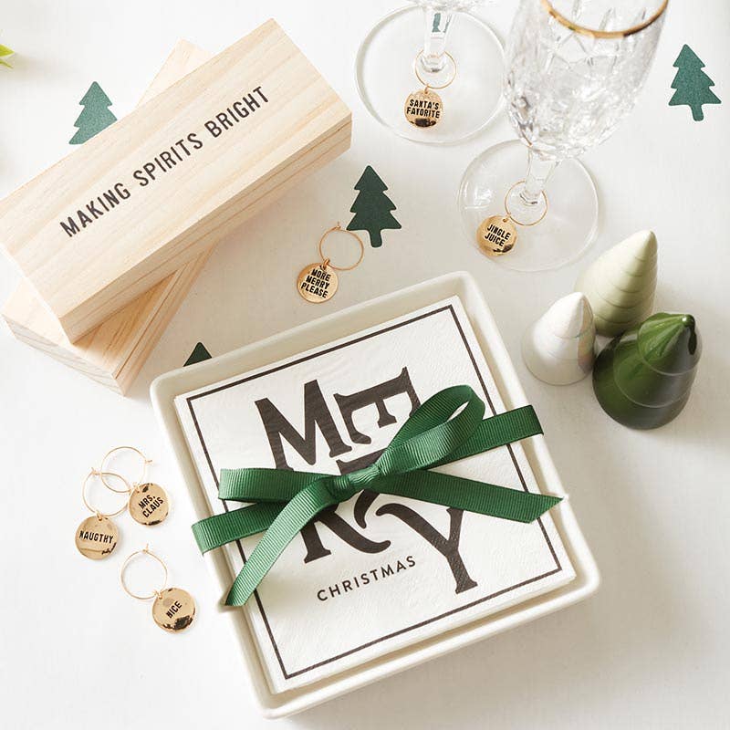 Ceramic Napkin Tray + Napkins - Merry Christmas Green Bow