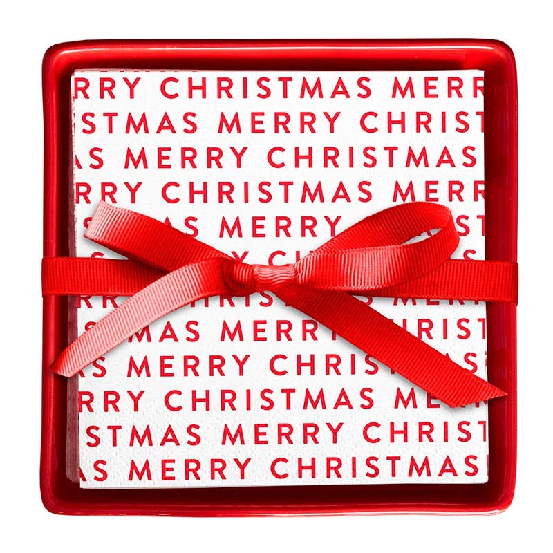 Ceramic Napkin Tray + Napkins - Merry Christmas Red Bow
