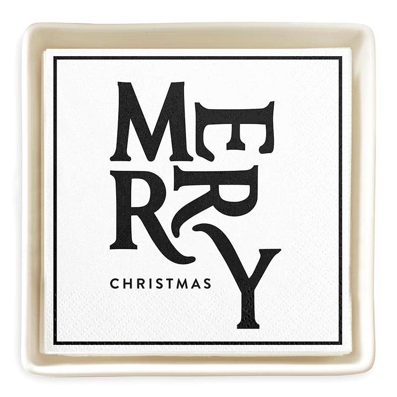 Ceramic Napkin Tray + Napkins - Merry Christmas Green Bow